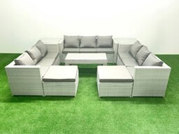 Rackhams Rattan Garden Outdoor Furniture Set 11 Seater Garden Sofa Oblong Coffee Table Set with 2 Big Footstools 2 Side Tables Light Grey Mixed - thumbnail 2