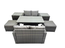 Rackhams 6 seater Rattan Garden Furniture Dining Set with Height Adjustable Rising Table, Sofa with 2 Big Stools 2 Side Tables Dark Grey Mixed