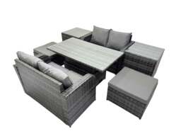 Rackhams 6 seater Rattan Garden Furniture Dining Set with Height Adjustable Rising Table, Sofa with 2 Big Stools 2 Side Tables Dark Grey Mixed - thumbnail 2