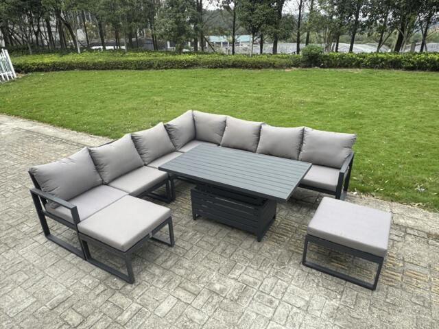 Rackhams 9 Seater Aluminium Outdoor Garden Furniture Set with Sofa,  Rising Dining Table - Dark Grey