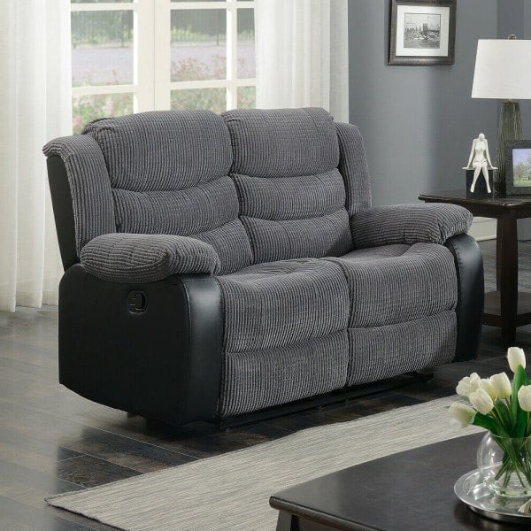 Rackhams Roma Jumbo Cord with Leather Sofa 3+2 Seater Fabric Recliner Sofa in Grey with Black - 2 Seater