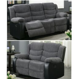 Rackhams Roma Jumbo Cord with Leather Sofa 3+2 Seater Fabric Recliner Sofa in Grey with Black - 2 Seater - thumbnail 6