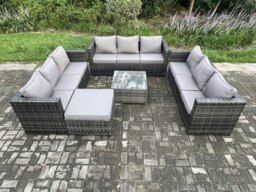 Rackhams Outdoor Rattan Garden Furniture Set 10 Seater Patio Lounge Sofa Set with Square Coffee Table Big Footstool Dark Grey Mixed - thumbnail 2