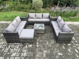 Rackhams Outdoor Rattan Garden Furniture Set 10 Seater Patio Lounge Sofa Set with Square Coffee Table Big Footstool Dark Grey Mixed - thumbnail 1
