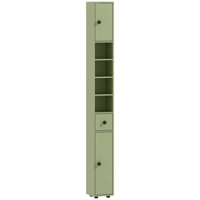 Rackhams 180cm Slim Bathroom Cabinet, with Drawer, Shelves and Cupboards - Green