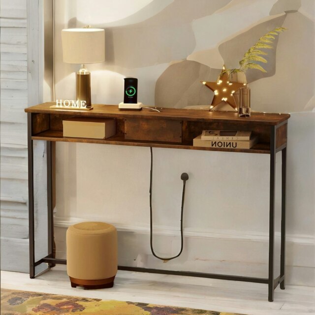 Rackhams Hallway Console Table With Charging Station Rustic Brown - image 1