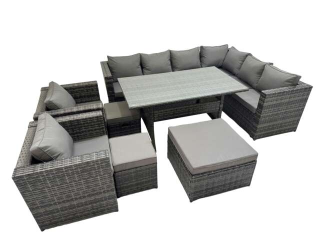 Rackhams Rattan Garden Furniture Set Outdoor 11 Seater Patio Dining Corner Sofa Sets with Dining Table 2 Chairs 3 Stools Dark Grey Mixed - image 1