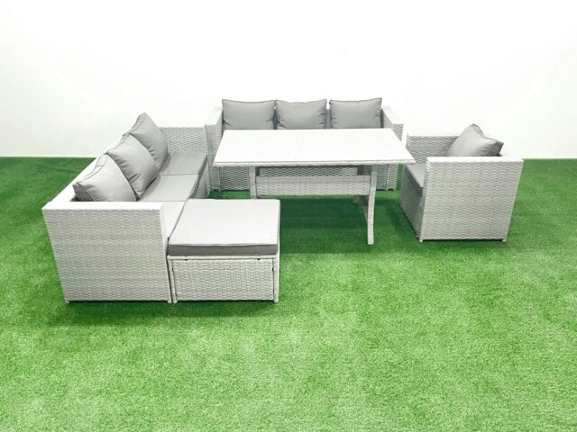 Rackhams 5 Pieces Outdoor Rattan Sofa Set with Cushions Patio Garden Furniture Sets with Armchair Dining Table Big Footstool - image 1