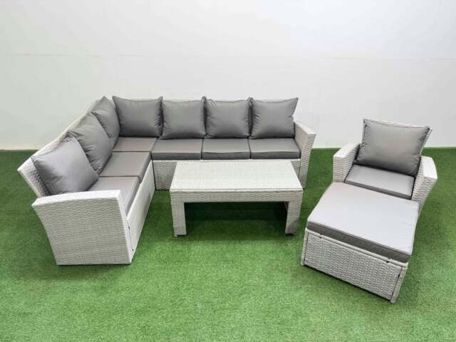 Rackhams Rattan Garden Furniture Set Outdoor 8 Seater Corner Sofa Sets with Oblong Coffee Table Chair Big Footstool Light Grey Mixed - image 1
