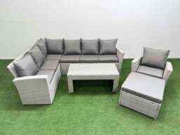Rackhams Rattan Garden Furniture Set Outdoor 8 Seater Corner Sofa Sets with Oblong Coffee Table Chair Big Footstool Light Grey Mixed - thumbnail 1