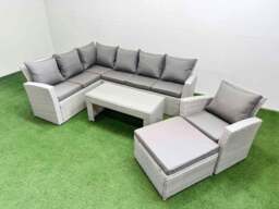 Rackhams Rattan Garden Furniture Set Outdoor 8 Seater Corner Sofa Sets with Oblong Coffee Table Chair Big Footstool Light Grey Mixed - thumbnail 2