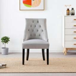 Rackhams Set of 2 Velvet Dining Chairs Ergonomic Scoop Knockerback & Button Tufted Wood Legs - Velvet - Light Grey - Windsor Back - thumbnail 3