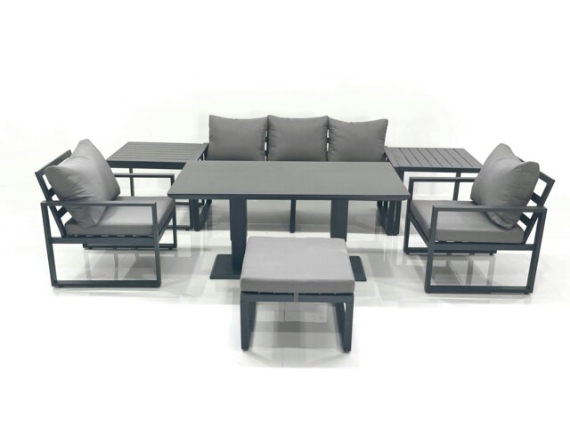 Rackhams Outdoor Aluminium Garden Furniture Set with Adjustable Rising Lifting Dining Table 3 Seater Sofa 2 Chair Big Footstool 2 Side Tables Dark Grey - image 1