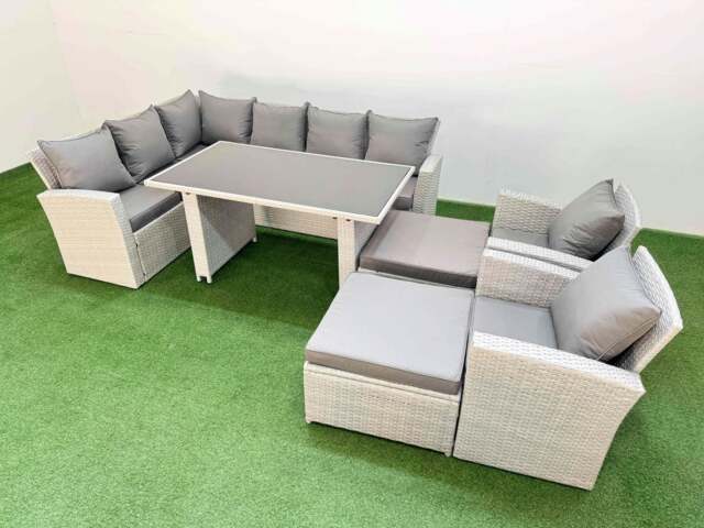 Rackhams 10 Seater Wicker Rattan Corner Sofa Sets Outdoor Garden Furniture Sets with Rectangular Dining Table Lounge Sofa 2 Big Footstools Light Grey - image 1