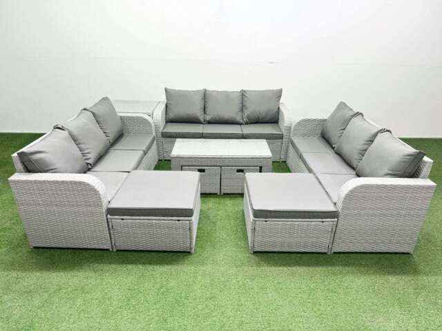Rackhams Outdoor Garden Furniture Set PE Rattan 3 Seater Sofa Set with Oblong Coffee Table 4 Footstools Side Table Light Grey - image 1