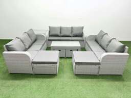 Rackhams Outdoor Garden Furniture Set PE Rattan 3 Seater Sofa Set with Oblong Coffee Table 4 Footstools Side Table Light Grey - thumbnail 1