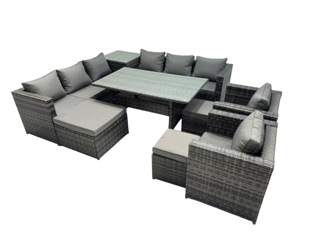 Rackhams Outdoor Corner Sofa Chair Dining Table Set Garden Rattan Furniture Set 11 Seater with Side Table 3 Stool Dark Grey - image 1