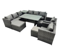 Rackhams Outdoor Corner Sofa Chair Dining Table Set Garden Rattan Furniture Set 11 Seater with Side Table 3 Stool Dark Grey - thumbnail 1