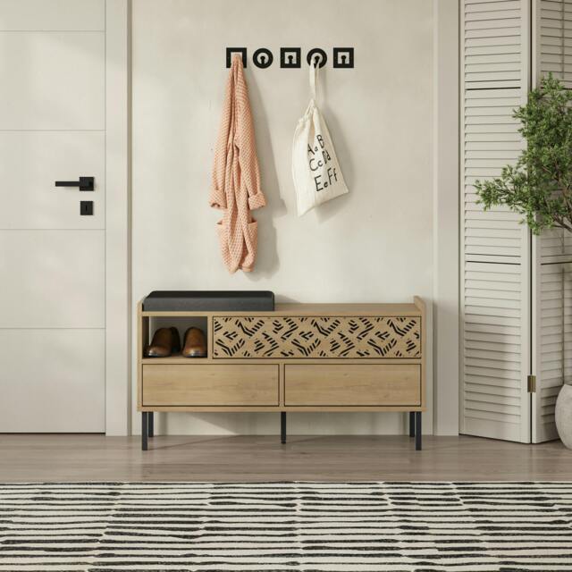 Rackhams Heaton Shoe Bench w/ Fabric Cushion Seat 3-door Storage Cabinet 111(W)x37(D)x56.5(H)cm Metal Legs Hallway - Oak - image 1