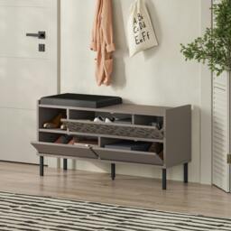 Rackhams Heaton Shoe Bench w/ Fabric Cushion Seat 3-door Storage Cabinet 111(W)x37(D)x56.5(H)cm Metal Legs Hallway - Oak - thumbnail 4