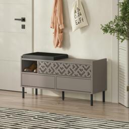 Rackhams Heaton Shoe Bench w/ Fabric Cushion Seat 3-door Storage Cabinet 111(W)x37(D)x56.5(H)cm Metal Legs Hallway - Oak - thumbnail 5