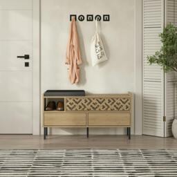 Rackhams Heaton Shoe Bench w/ Fabric Cushion Seat 3-door Storage Cabinet 111(W)x37(D)x56.5(H)cm Metal Legs Hallway - Oak