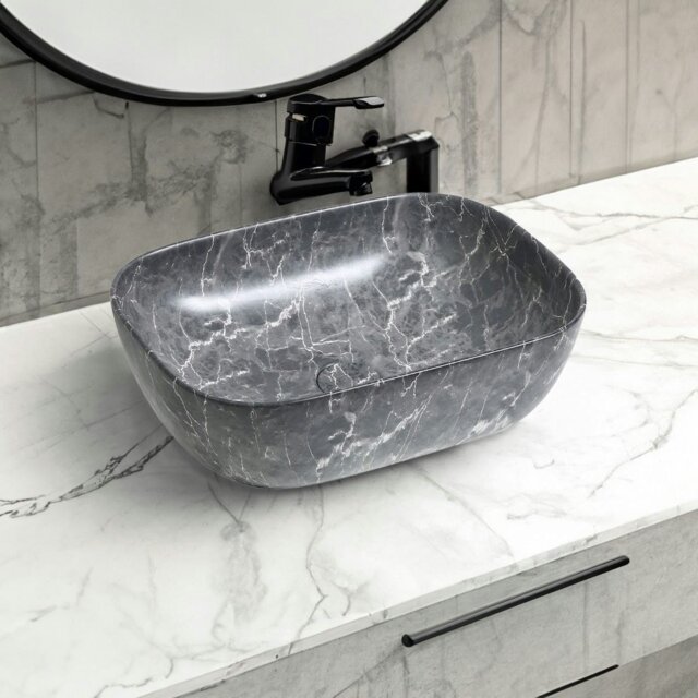 Rackhams 7840 Ceramic Oblong Countertop Basin in Black Marble Effect - Black Marble Effect - Ceramic - One Size - image 1