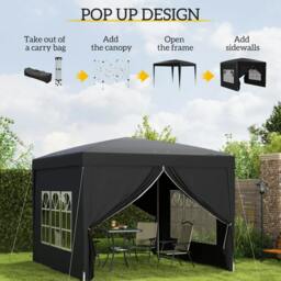 Rackhams 3 x 3 m Garden Pop Up Gazebo, Wedding Party Tent Marquee, Water Resistant Awning Canopy with Sidewalls, Windows, Carry Bag, Black - thumbnail 4