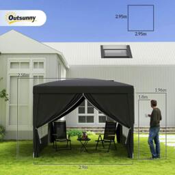 Rackhams 3 x 3 m Garden Pop Up Gazebo, Wedding Party Tent Marquee, Water Resistant Awning Canopy with Sidewalls, Windows, Carry Bag, Black - thumbnail 3
