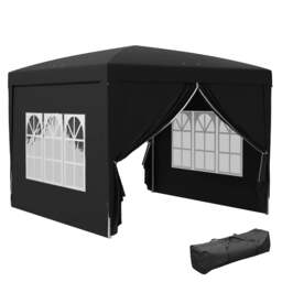 Rackhams 3 x 3 m Garden Pop Up Gazebo, Wedding Party Tent Marquee, Water Resistant Awning Canopy with Sidewalls, Windows, Carry Bag, Black - thumbnail 1