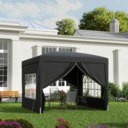 Rackhams 3 x 3 m Garden Pop Up Gazebo, Wedding Party Tent Marquee, Water Resistant Awning Canopy with Sidewalls, Windows, Carry Bag, Black - thumbnail 2