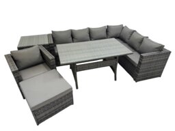 Rackhams Rattan Garden Furniture Set Outdoor 8 Seater Patio Dining Corner Sofa Sets with Dining Table Chair Big Stool Side Table Dark Grey Mixed - thumbnail 1