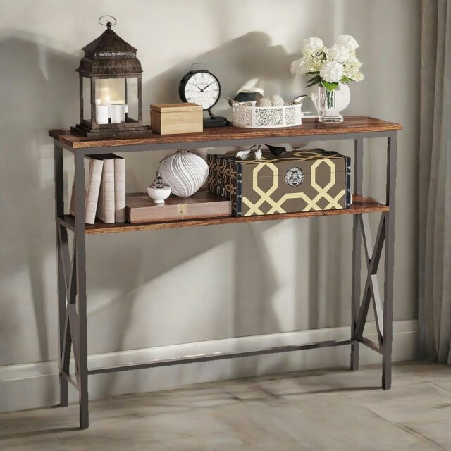 Rackhams Industrial Console Table With 2 Shelves Rustic Brown - image 1