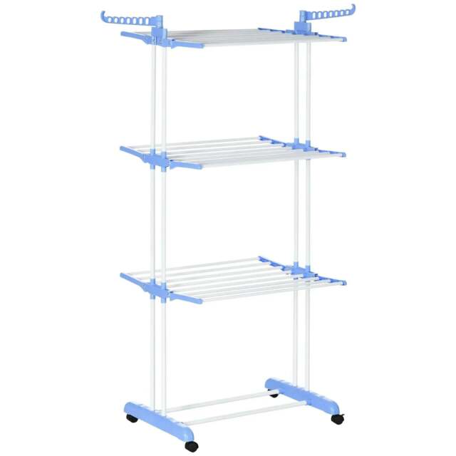 Rackhams Foldable Clothes Drying Rack, 4-Tier Steel Garment Laundry Rack with Castors for Indoor and Outdoor Use, Blue - image 1