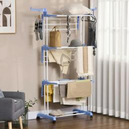 Rackhams Foldable Clothes Drying Rack, 4-Tier Steel Garment Laundry Rack with Castors for Indoor and Outdoor Use, Blue - thumbnail 2