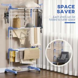 Rackhams Foldable Clothes Drying Rack, 4-Tier Steel Garment Laundry Rack with Castors for Indoor and Outdoor Use, Blue - thumbnail 6
