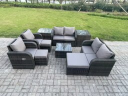 Rackhams Garden Furniture Set Rattan Outdoor Lounge Sofa Chair With Tempered Glass Table 3 Footstools 2 Side Tables Dark Grey Mixed - thumbnail 2