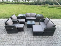 Rackhams Garden Furniture Set Rattan Outdoor Lounge Sofa Chair With Tempered Glass Table 3 Footstools 2 Side Tables Dark Grey Mixed - thumbnail 1