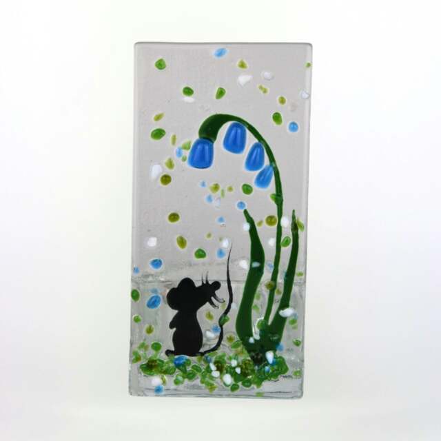 Rackhams Fused Glass Tea Light Holder – Field Mouse & Bluebell (Handmade)