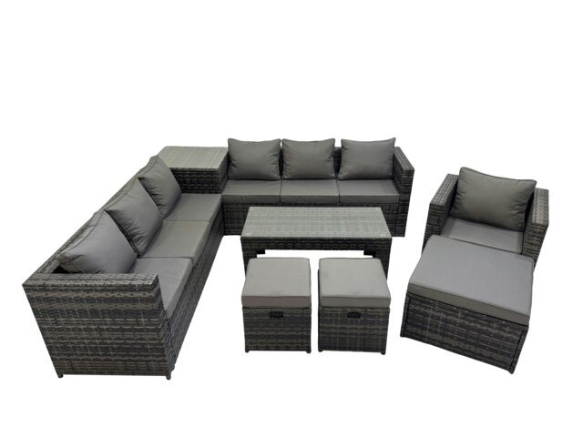 Rackhams Garden Rattan Outdoor Furniture Set 10 Seater Patio Corner Sofa Oblong Coffee Table with 3 Stool Side Table Dark Grey - image 1