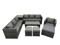 Rackhams Garden Rattan Outdoor Furniture Set 10 Seater Patio Corner Sofa Oblong Coffee Table with 3 Stool Side Table Dark Grey - thumbnail 1