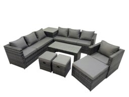 Rackhams Garden Rattan Outdoor Furniture Set 10 Seater Patio Corner Sofa Oblong Coffee Table with 3 Stool Side Table Dark Grey - thumbnail 2