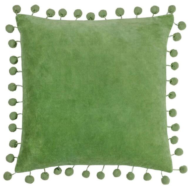 Rackhams Dora Pom Pom Velvet Square Cushion Cover - Leaf Green - 45cm x 45cm - Leaf Green - 100% Cotton - image 1