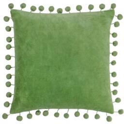 Rackhams Dora Pom Pom Velvet Square Cushion Cover - Leaf Green - 45cm x 45cm - Leaf Green - 100% Cotton - thumbnail 1