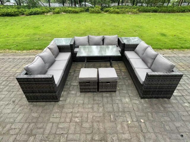 Rackhams Wicker PE Rattan Outdoor Furniture Lounge Sofa Garden Dining Set with Dining Table 2 Side Tables 2 Small Footstools Dark Grey Mixed - image 1