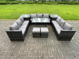Rackhams Wicker PE Rattan Outdoor Furniture Lounge Sofa Garden Dining Set with Dining Table 2 Side Tables 2 Small Footstools Dark Grey Mixed - thumbnail 2