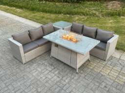 Rackhams Light Grey Corner Rattan Fire Pit Garden Furniture Set Gas Heater Burner Lounge Sofa Dining Table With Side Coffee Table - thumbnail 1