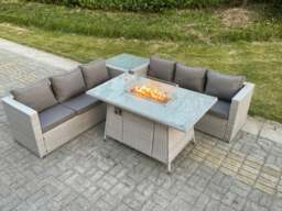 Rackhams Light Grey Corner Rattan Fire Pit Garden Furniture Set Gas Heater Burner Lounge Sofa Dining Table With Side Coffee Table - thumbnail 2