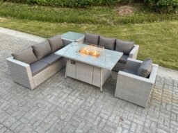Rackhams Rattan Garden Furniture Set with Fire Pit Dining Table, Corner Sofa, Side Coffee Table and Chair - 7 Seater - Light Grey - thumbnail 1