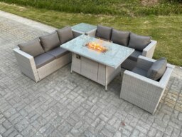 Rackhams Rattan Garden Furniture Set with Fire Pit Dining Table, Corner Sofa, Side Coffee Table and Chair - 7 Seater - Light Grey - thumbnail 2